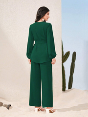 LANTERN SLEEVE BELTED BLOUSE & SPLIT HEM PANTS 2 PIECE SET MODEST