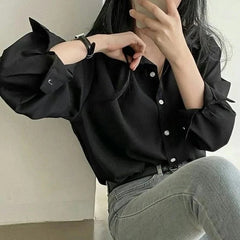 BLACK SOLID BUTTON FRONT DROP SHOULDER SHIRT