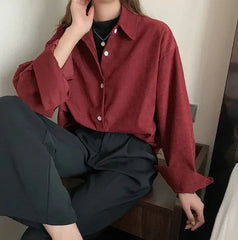 WINE SOLID BUTTON FRONT DROP SHOULDER SHIRT