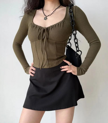 LONG SLEEVE U-NECK BOW DETAIL SLIM FIT TOP