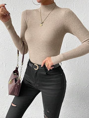 CASUAL RIBBED LONG SLEEVE PULLOVER SLIM FITTED KNIT TOP