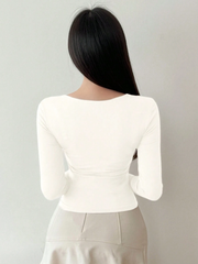 WOMEN'S SOLID COLOR SWEETHEART NECK LONG SLEEVE CASUAL RIBBED T-SHIRT