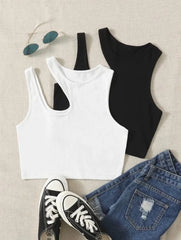 PACK OF 2 CUT OUT RIB-KNIT CROP TOP - BLACK/OFFWHITE