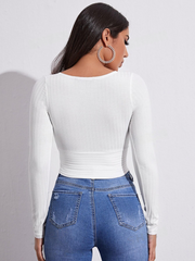 SURPLICE NECK RIB-KNIT CROP TEE