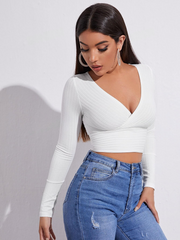 SURPLICE NECK RIB-KNIT CROP TEE