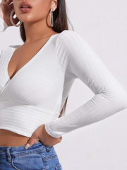 SURPLICE NECK RIB-KNIT CROP TEE