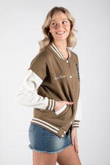 NEW KHAKI CONTRAST SLEEVE LETTER A UNISEX VARSITY JACKET