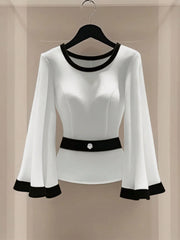 WOMEN'S CONTRAST COLOR SPLICE ROUND NECK CASUAL SHIRT