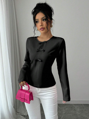 WOMEN'S SOLID COLOR ROUND NECK ELEGANT CASUAL TOP