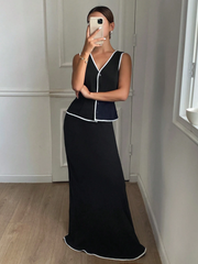 FRENCHY 2PCS WOMEN CONTRAST TRIM SLEEVELESS TOP & LONG SKIRT SET