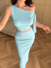 ASYMMETRIC NECK OBLIQUE SHOULDER TIED STRAP TOP & SLIM FIT SKIRT SET