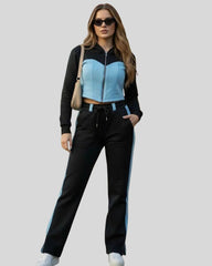 WOMEN'S SOLID COLOR ZIP-UP HOODED TOP AND TROUSER SET