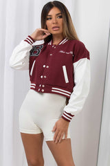 CROPPED BASEBALL BOMBER JACKET- WINE