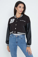 CROPPED BASEBALL BOMBER JACKET- BLACK