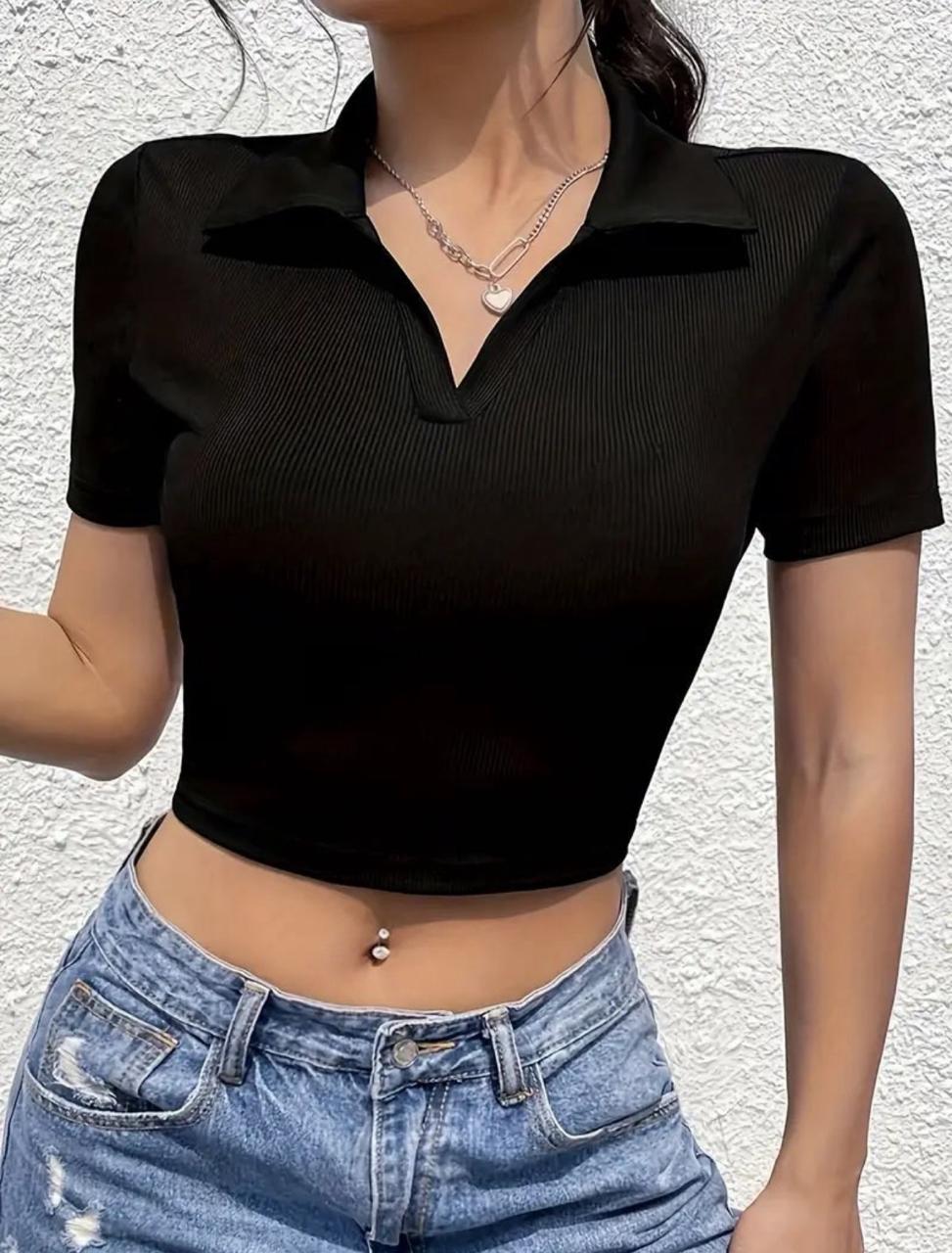 SOLID RIBBED KNIT CROP TEE
