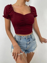 RUCHED FRONT SWEETHEART NECK PUFF SLEEVE CROP TEE