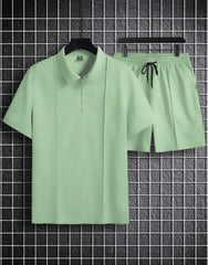 MEN SOLID COLOR TURN-DOWN COLLAR CASUAL SHORT SLEEVE T-SHIRT AND DRAWSTRING SHORTS SET