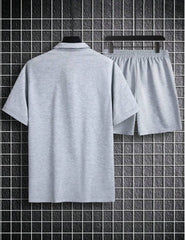 MEN SOLID COLOR TURN-DOWN COLLAR CASUAL SHORT SLEEVE T-SHIRT AND DRAWSTRING SHORTS SET