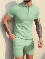 MEN SOLID COLOR TURN-DOWN COLLAR CASUAL SHORT SLEEVE T-SHIRT AND DRAWSTRING SHORTS SET