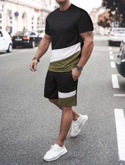 MEN COLOURBLOCK TEE & DRAWSTRING WAIST SHORTS