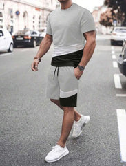 MEN COLOURBLOCK TEE & DRAWSTRING WAIST SHORTS