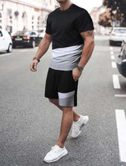 MEN COLOURBLOCK TEE & DRAWSTRING WAIST SHORTS