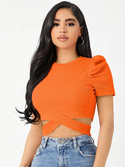 PUFF SLEEVE CRISSCROSS HEM CROP TEE