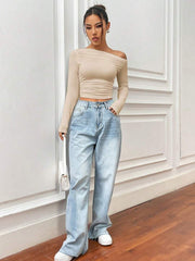 SOLID COLOR ASYMMETRIC COLLAR PLEATED CROPPED TOP