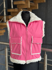 BORG CROPPED POCKET DETAIL GILET