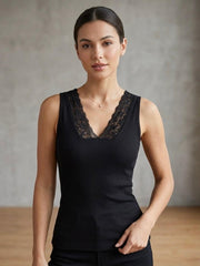 SLEEVELESS RIBBED LACE TRIM V NECK TANK TOP