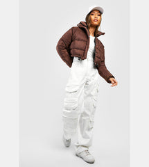 PADDED CROP PUFFER JACKET- CHOCOLATE