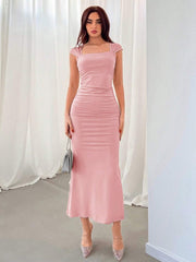 SOLID COLOR SIMPLE DAILY SQUARE NECKLINE DRESS