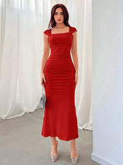 SOLID COLOR SIMPLE DAILY SQUARE NECKLINE DRESS
