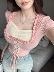 COLOR BLOCK CRISSCROSS TIE FRONT PLEATED SHORT SLEEVE T-SHIRT