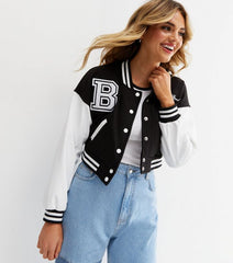 CROPPED BASEBALL BOMBER JACKET- BLACK