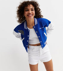 CROPPED BASEBALL BOMBER JACKET- ROYAL BLUE