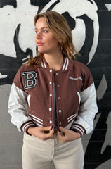 CROPPED BASEBALL BOMBER JACKET- CHOCOLATE