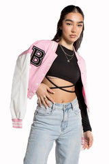 CROPPED BASEBALL BOMBER JACKET- PINK