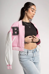 CROPPED BASEBALL BOMBER JACKET- PINK