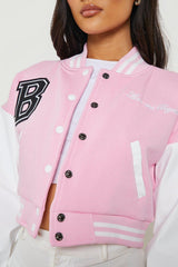 CROPPED BASEBALL BOMBER JACKET- PINK