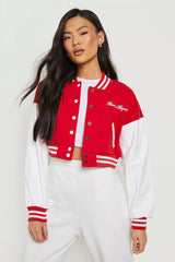 CROPPED BASEBALL BOMBER JACKET- RED