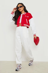 CROPPED BASEBALL BOMBER JACKET- RED