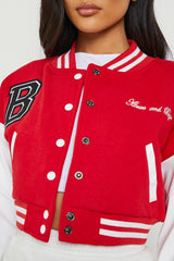 CROPPED BASEBALL BOMBER JACKET- RED