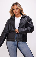 BLACK CONTRAST STITCH FAUX LEATHER OVERSIZED BIKER JACKET