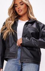 BLACK CONTRAST STITCH FAUX LEATHER OVERSIZED BIKER JACKET