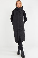 LADIES LONG PADDED HOODED VEST JACKET-BLACK