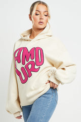 ECRU AMOUR RUCHED SLEEVE HOODIE