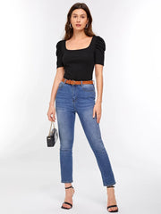 SCOOP NECK PUFF SLEEVE RIB-KNIT TEE