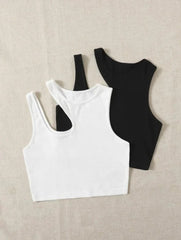 PACK OF 2 CUT OUT RIB-KNIT CROP TOP - BLACK/OFFWHITE