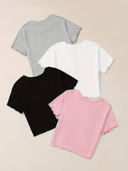 4PCS LETTUCE TRIM RIB KNIT TEE